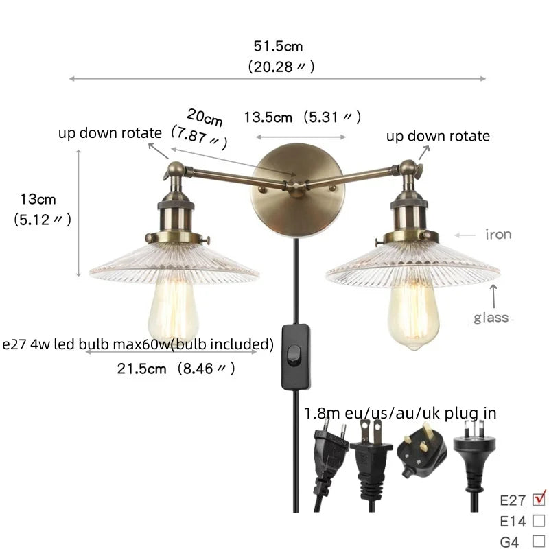 Afralia™ Industrial Vintage Loft 2-Light Plug In LED Wall Lamp