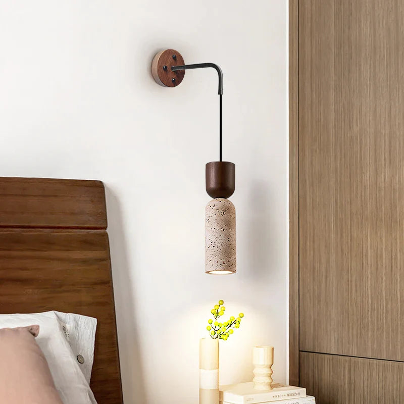 Afralia™ Wood LED Wall Lamp Yellow Travertine Pull Chain Switch Modern Nordic Style