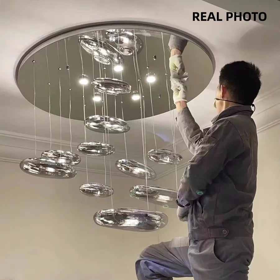 Afralia™ Chrome LED Ceiling Chandelier Cobblestone Pendant Lights - Modern Luxury Luminarias Fixtures