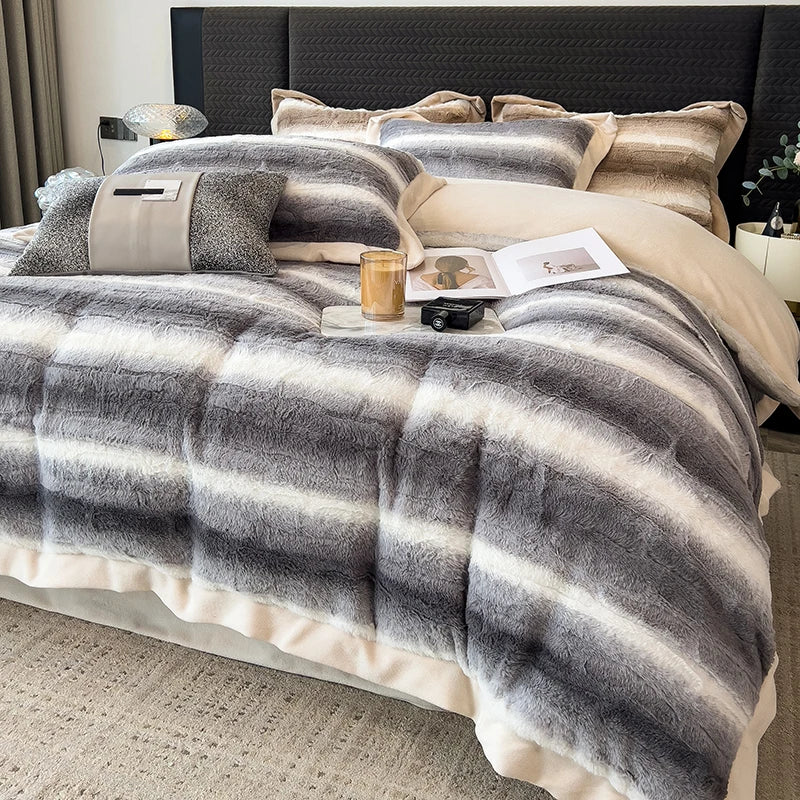 Afralia™ Cozy Faux Fur Bedding Set: Gradient Rabbit Fur Plush Cover Sheet Pillowcases