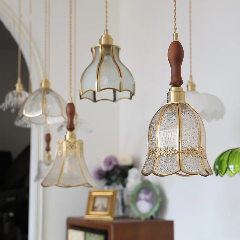 Afralia™ Walnut Wood LED Pendant Light Fixture Hand Stitched Glass Hang Lamp