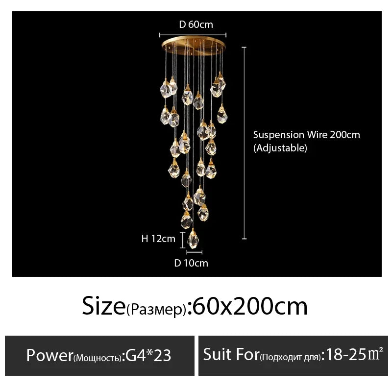 Afralia™ Diamond Crystal Chandelier Staircase LED Golden Chandeliers Lighting for Luxurious Home Décor