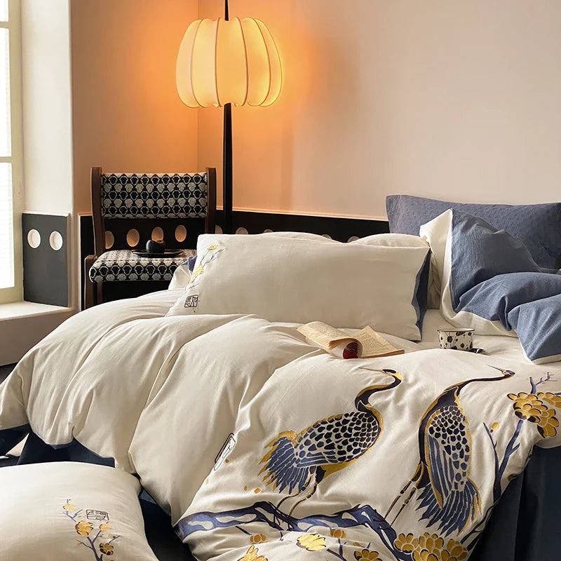 Afralia™ Red-crowned Crane Embroidery Bedding Set, 40S Washed Cotton, Soft & Skin Friendly