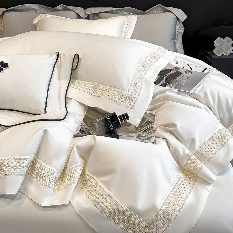 Afralia™ Luxury Hollow Edge Egyptian Cotton Bedding Set, White/Grey/Pink/Blue, 4-Piece