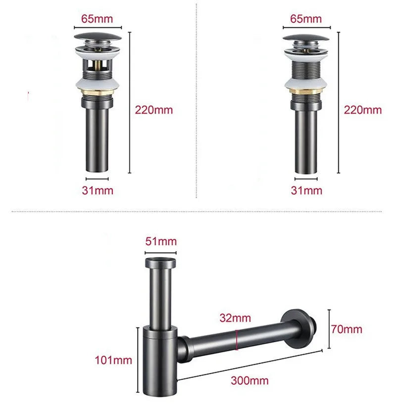 Afralia™ Brass Round Siphon P-Trap Set with Pop-Up Drainer Gun Grey