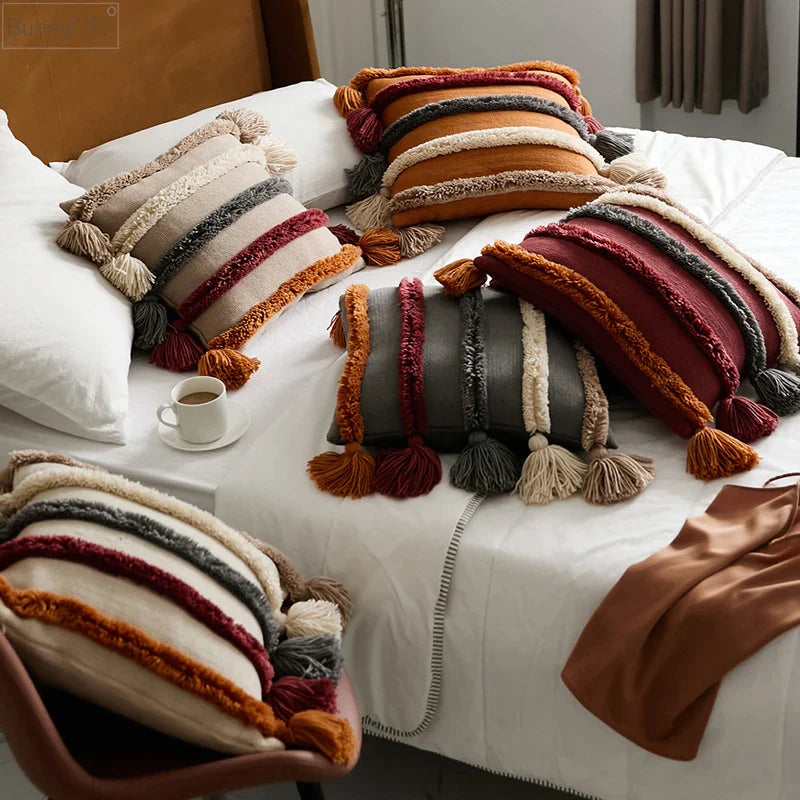 Afralia™ Knit Boho Tassels Cushion Cover Ivory Beige Orange Grey Soft Pillow Cover