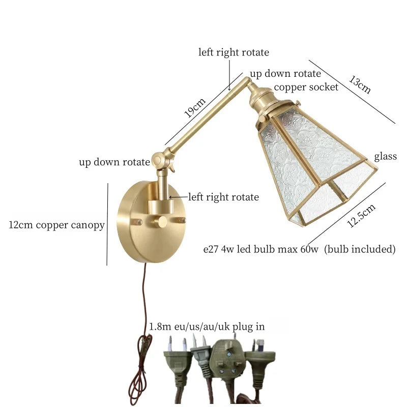 Afralia™ Vintage Brass Glass LED Wall Light with Pull Chain, Left Right Rotate Mirror Design