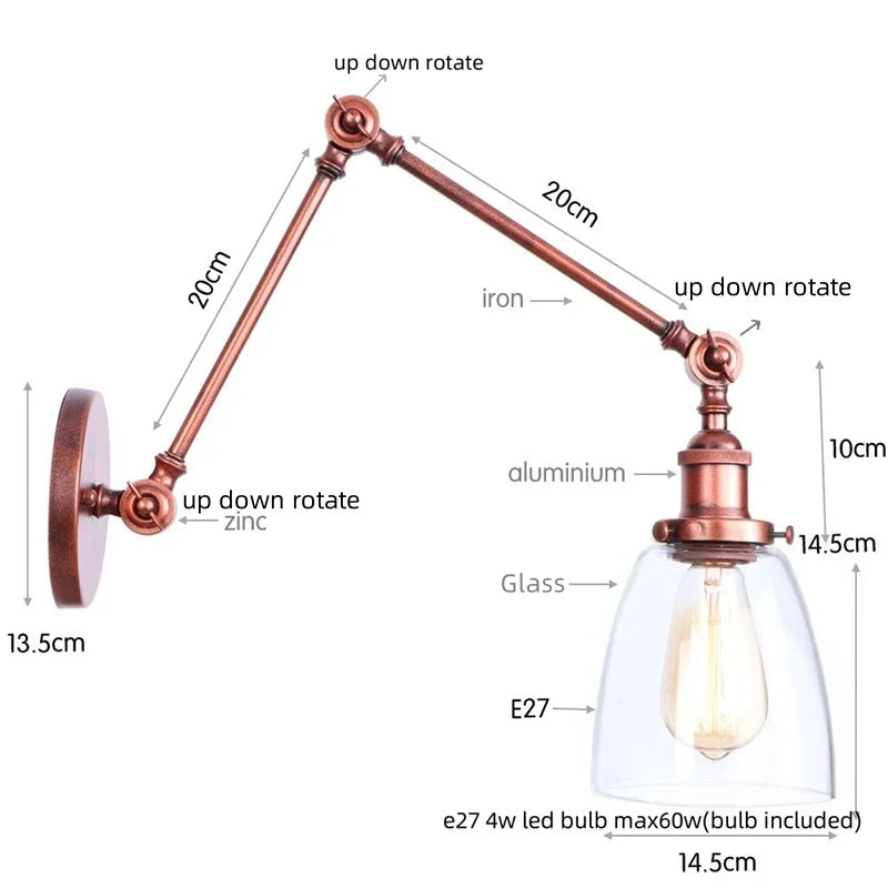 Afralia™ Swing Arm LED Wall Lights Pull Chain Switch Glass Ball Industrial Home Decor