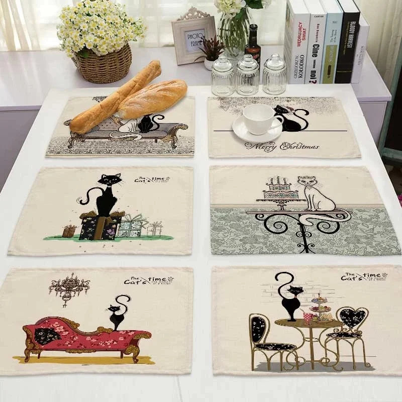 Afralia™ Black Cat Linen Placemat Set for Dining Table & Kitchen Decor