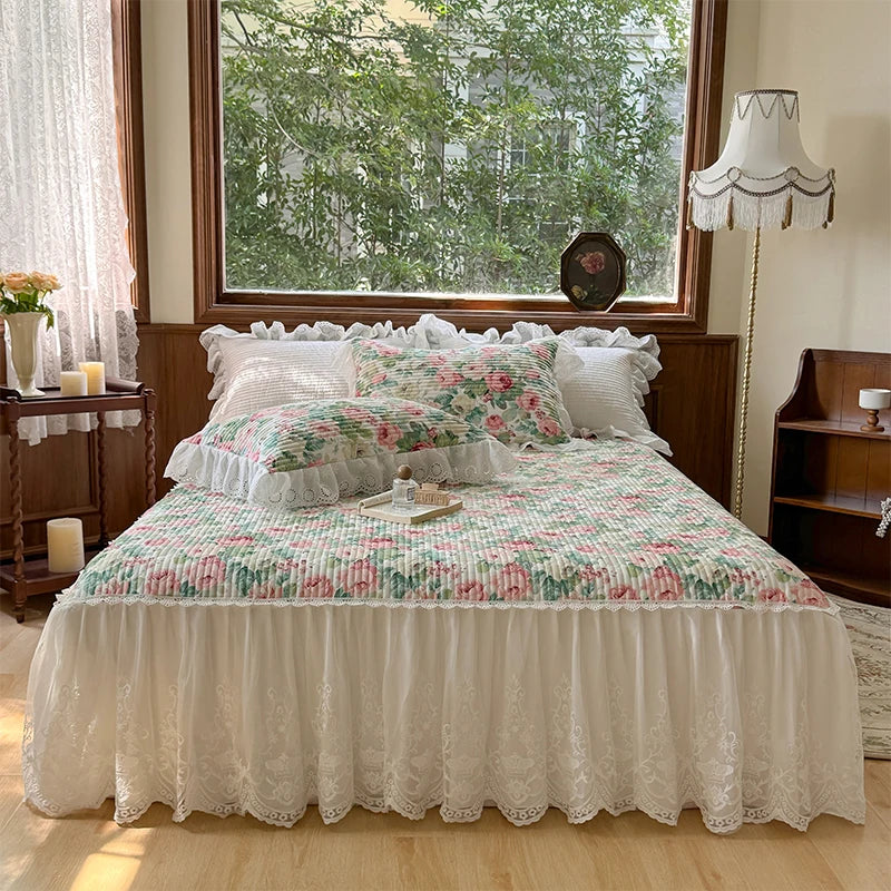 Afralia™ Floral Print Cotton Princess Bedding Set with Vintage Lace Details