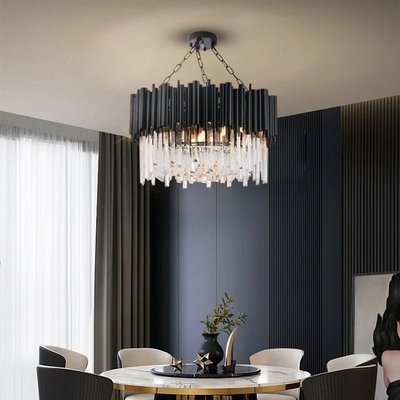Afralia™ Black Stainless Steel Crystal Bar Chandelier, Modern LED Ceiling Light for Living Room