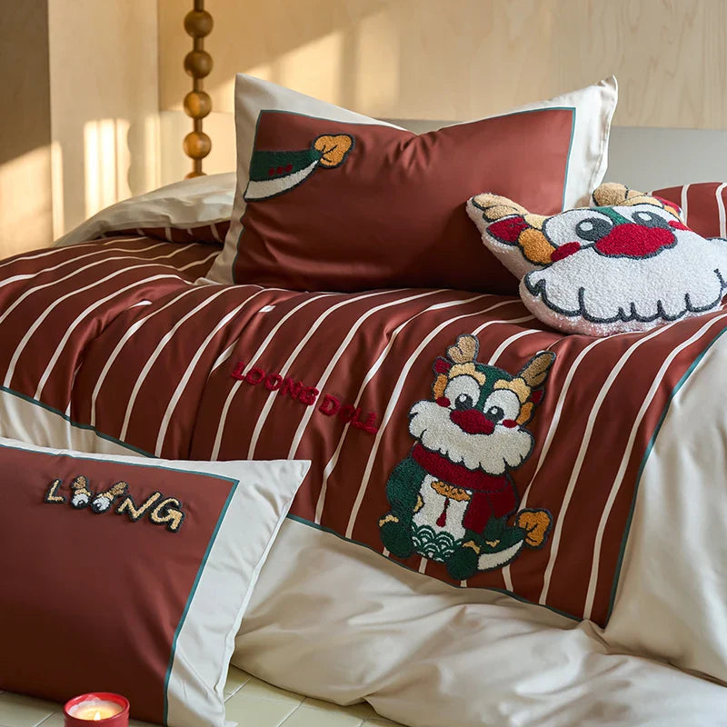 Afralia™ Chinese Embroidered Cotton Bedding Set: King Size Duvet Cover, Sheet, Quilt Cover