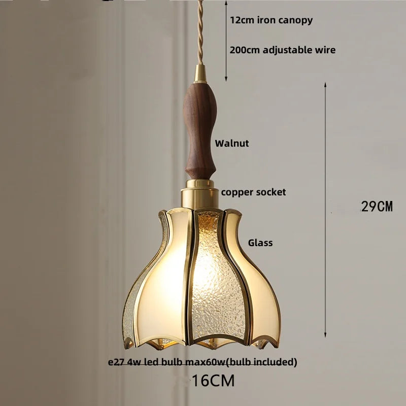 Afralia™ Walnut Wood LED Pendant Light Fixture Hand Stitched Glass Hang Lamp