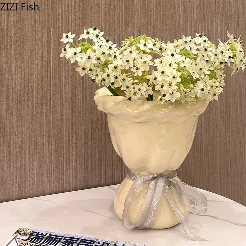 Afralia™ Ceramic Vase with Artificial Flowers Bouquet for Desk and Room Decoration