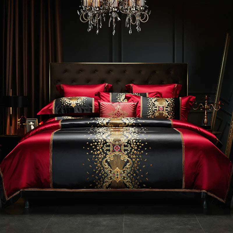 Afralia™ Luxury Gold Embroidery Bedding Set, Satin Brocade & Egyptian Cotton Duvet, Sheet, Pillowcases