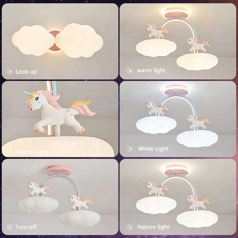 Afralia™ Unicorn Cloud Princess Room Ceiling Light with Remote Control, Pink Chandelier