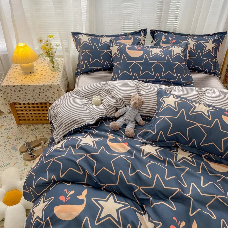 Afralia™ Twill Fabric Bed Sheet Set: Double-Sided Color Blocking, Flower Print Quilt Cover