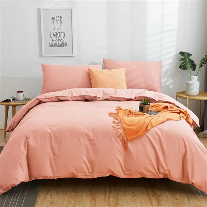 Afralia™ Cotton 4pcs Bedding Set Double Queen Solid Color Duvet Cover Flat Bed Sheet