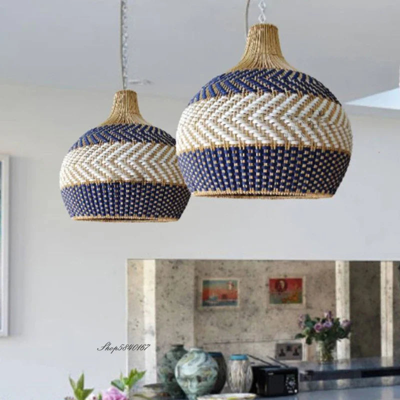 Afralia™ Serena Blue Rattan Pendant Light: Boho Dining Room Farmhouse Lighting