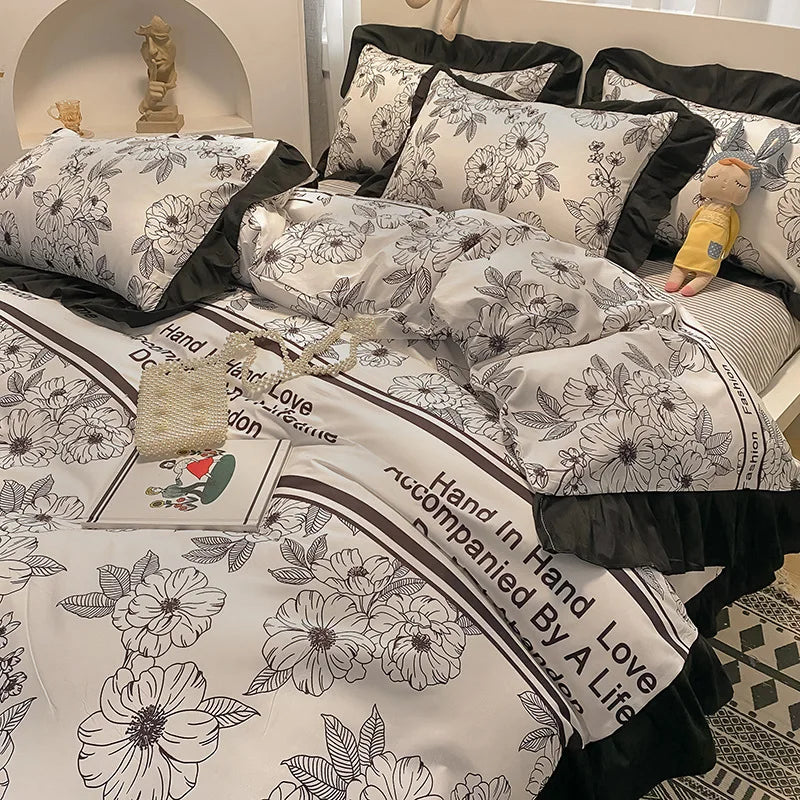 Afralia™ Princess Style Ruffles Duvet Cover Set with Flower Print and Pillow Case