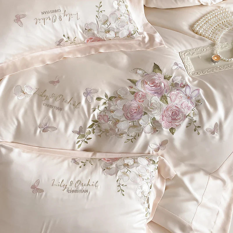 Afralia™ Butterfly Flowers Embroidery Bedding Set 800TC Soft Silky Duvet Cover Set