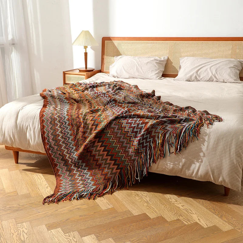 Afralia™ Bohemian Knitted Blanket with Tassels, Oversized Vintage Style Blanket