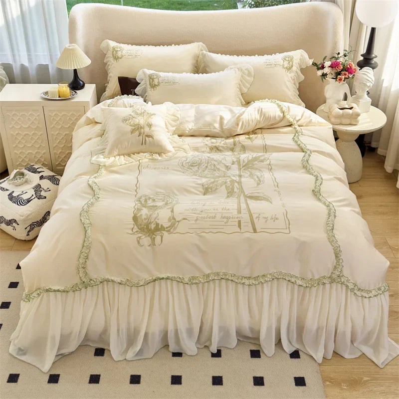 Afralia™ Vintage Rose Butterfly Lace Ruffles Princess Bedding Set: 100S Egyptian Cotton