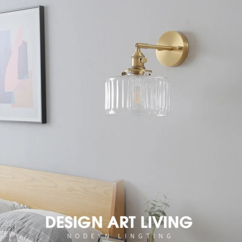 Afralia™ Copper Pull Chain LED Wall Light with Clear Glass Rotate Bedside Lamp