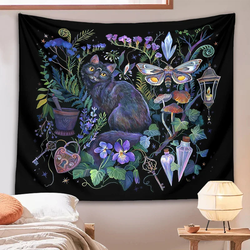 Boho Garden Tapestry Moon Moth Psychedelic Botanical Wall Hanging by Afralia™.