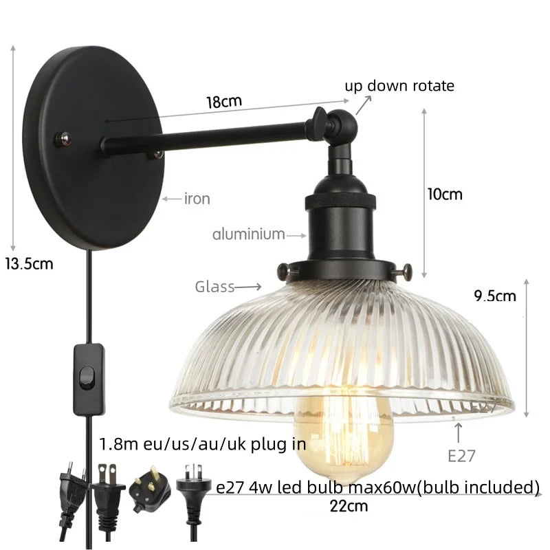 Afralia™ Black LED Wall Lamp Vintage Style Iron Bedside Light Glass Wall Sconce