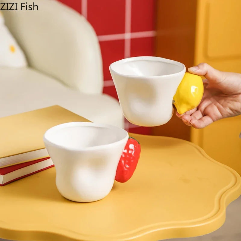 Afralia™ Strawberry Lemon Ceramic Coffee Mug Home Table Tea Cup Juice Container