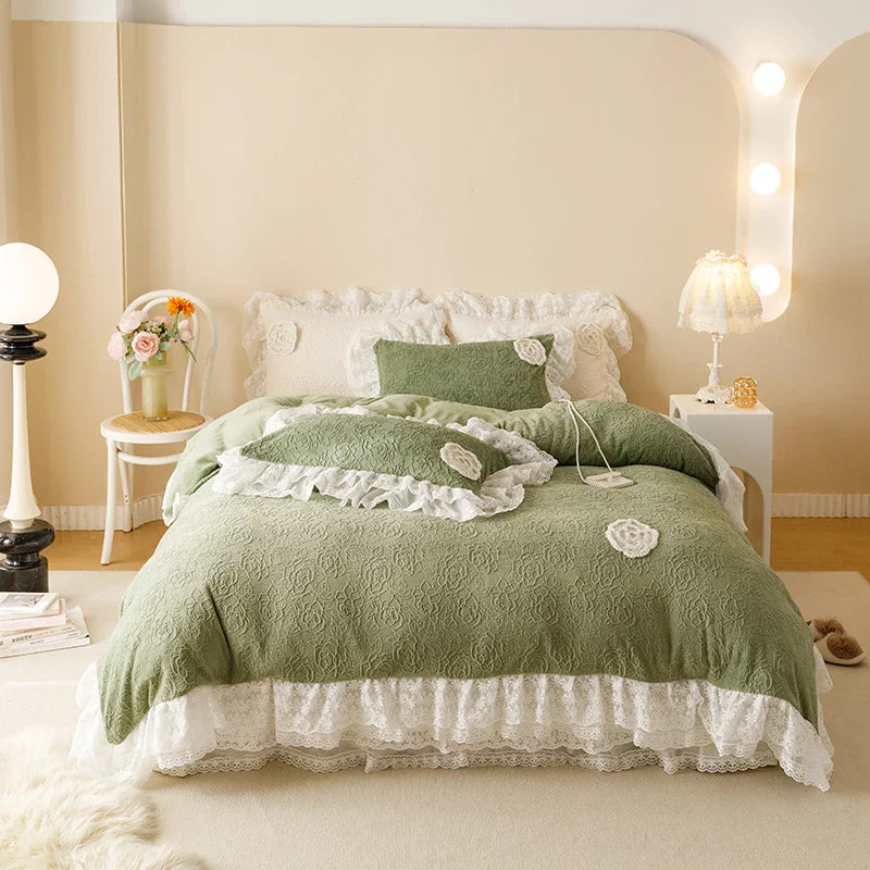 Afralia™ Luxe Carved Velvet Lace Ruffles Bedding Set with Quilted Bed Skirt