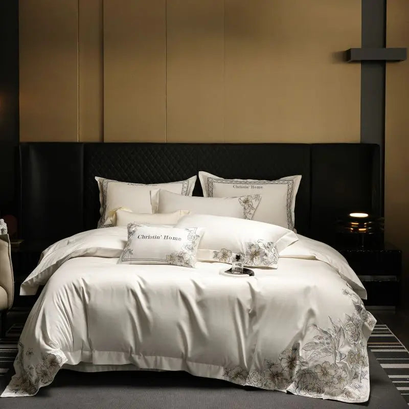 Afralia™ Luxe Embroidered Cotton Bedding Set: Duvet Cover, Pillowcases, Flat Sheet
