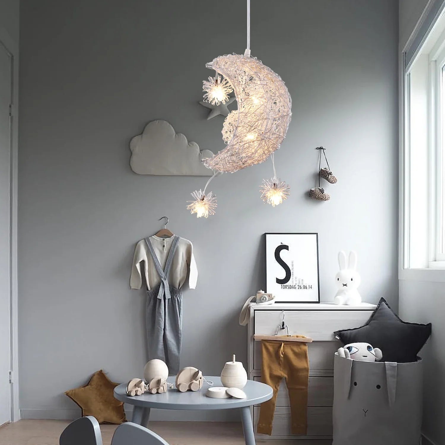 Afralia™ Moon Star Pendant Light Chandelier LED Fixture for Kid Bedroom & Christmas Decor
