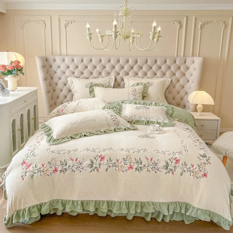 Afralia™ Pink Flowers Embroidery Princess Bedding Set - Velvet Material