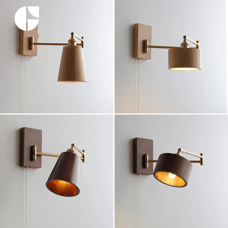 Afralia™ Walnut Ash Wood LED Wall Sconce with Pull Chain Switch for Home Indoor Lighting