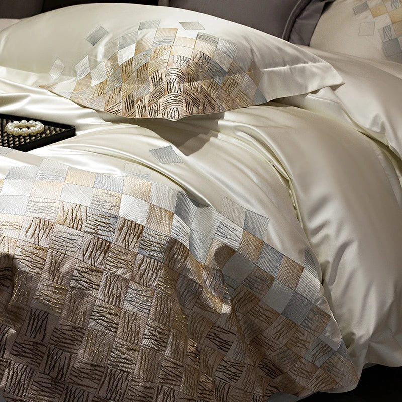 Afralia™ 4-Piece Luxury Embroidery Bedding Set in Pearl White/Grey Satin Brocade Cotton