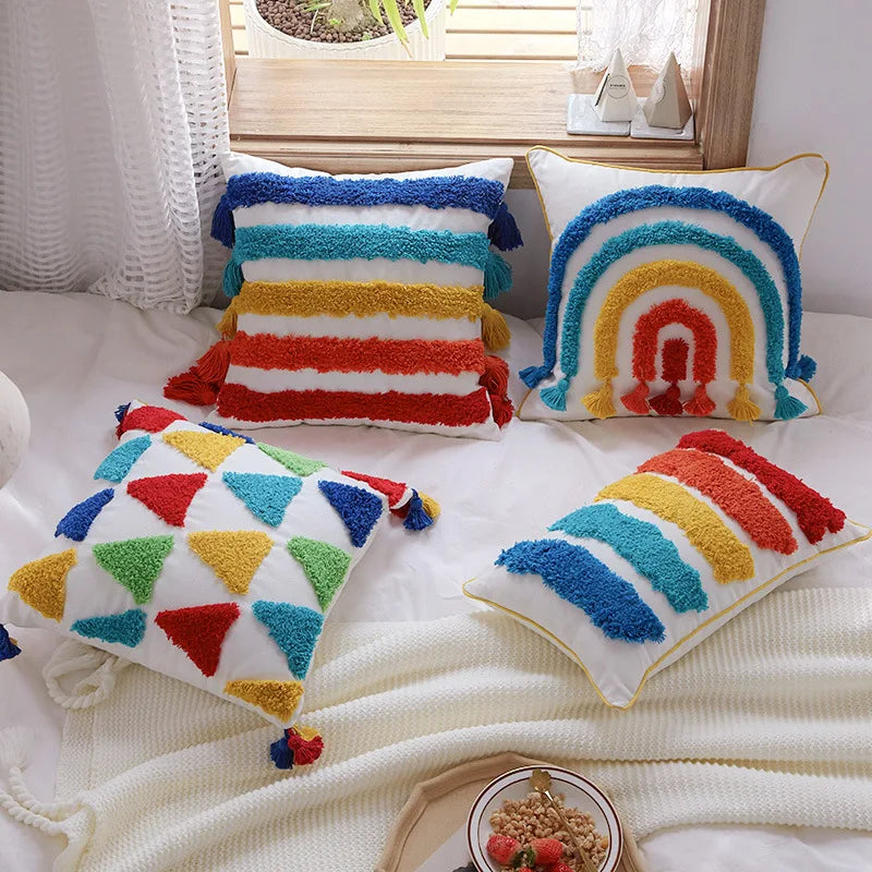 Afralia™ Rainbow Tassel Sofa Cushion Cover 45x45 - Boho Home Decor Pillowcase