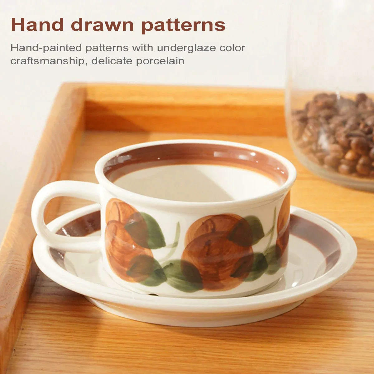 Afralia™ Hand-Drawn Ceramic Espresso Cup with Saucer, 8oz Cappuccino Cups