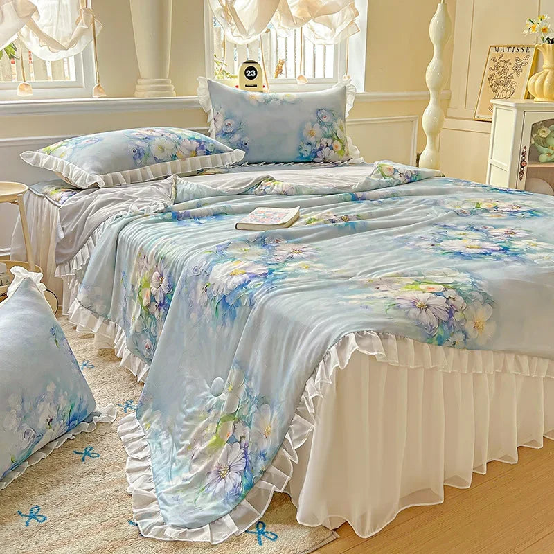 Afralia™ Floral Print Lace and Ruffle Summer Quilt: Skin-Friendly, Breathable Comforter