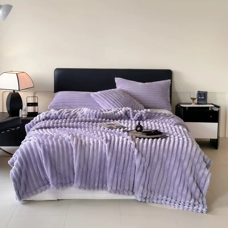 Afralia™ Cozy Coral Fleece Striped Solid Blanket for Winter Sofa Cover Queen King Sizes