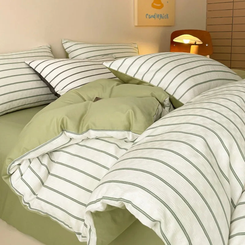 Afralia™ Striped Cotton Bedding Set: High-End Japanese Jacquard Quilt Cover Kit for Single Double