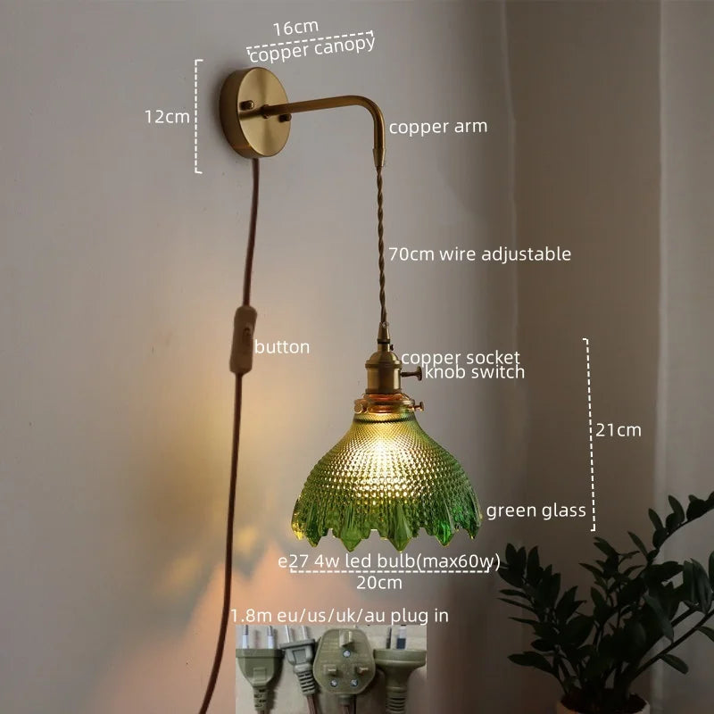 Afralia™ Copper Glass LED Wall Lamps Retro Style for Bedroom Bar Bathroom Mirror