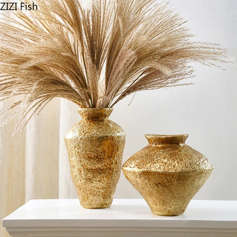 Afralia™ Vintage Gold Pottery Vase for Elegant Floral Arrangements and Room Decor
