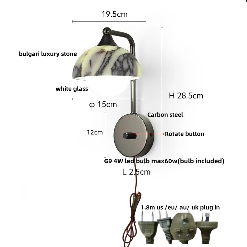 Afralia™ Marble Stone LED Wall Sconce, Rotatable Switch, White Glass, Carbon Steel