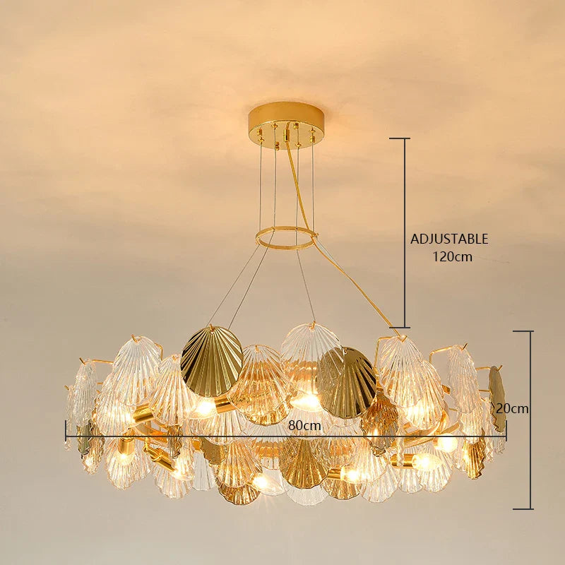 Afralia™ Shell Glass LED Ceiling Chandeliers Gold - Modern Living Room Decor