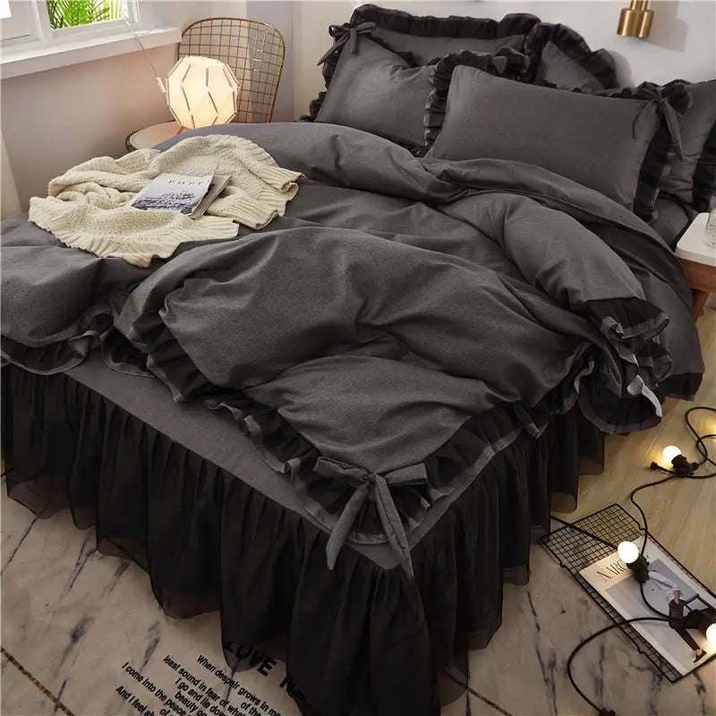 Afralia™ Korean Bed Skirt Set with Ruffled Edges - Solid, Skin-Friendly Bedding Kit