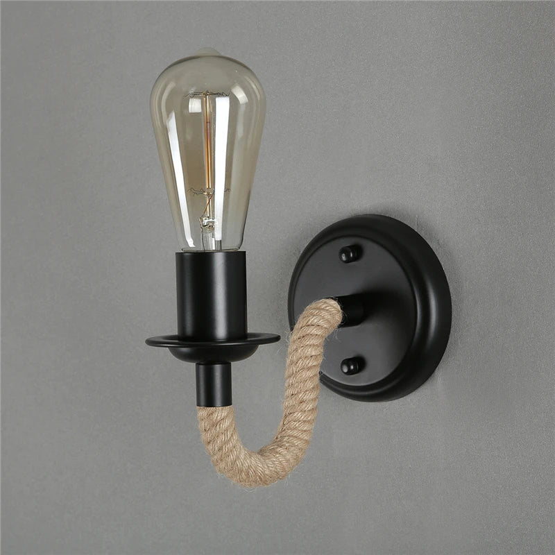 Afralia™ Rustic Hemp Rope Wall Sconce Retro Country Loft Light Fixture