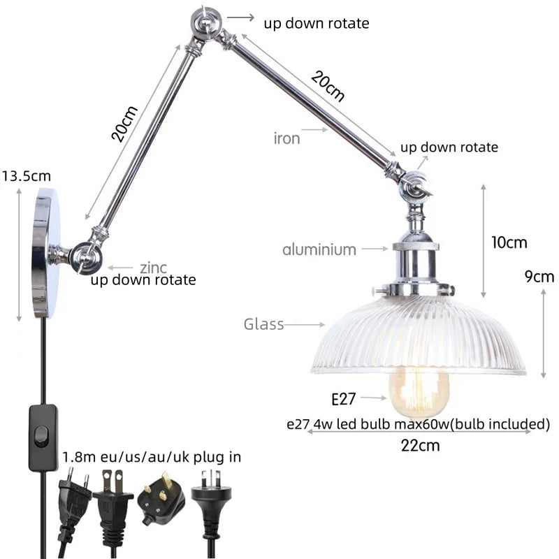 Afralia™ Industrial Loft Swing Arm LED Wall Sconce Glass Vintage Mirror Light