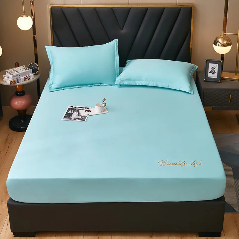 Afralia™ Silky Embroidered Fitted Sheet Set Queen Size Solid Color Luxury King Bedsheet